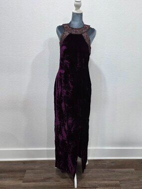 Oleg Cassini Evening Gown Sz 12 Purple Velvet & Beaded Halter Neck Luxury